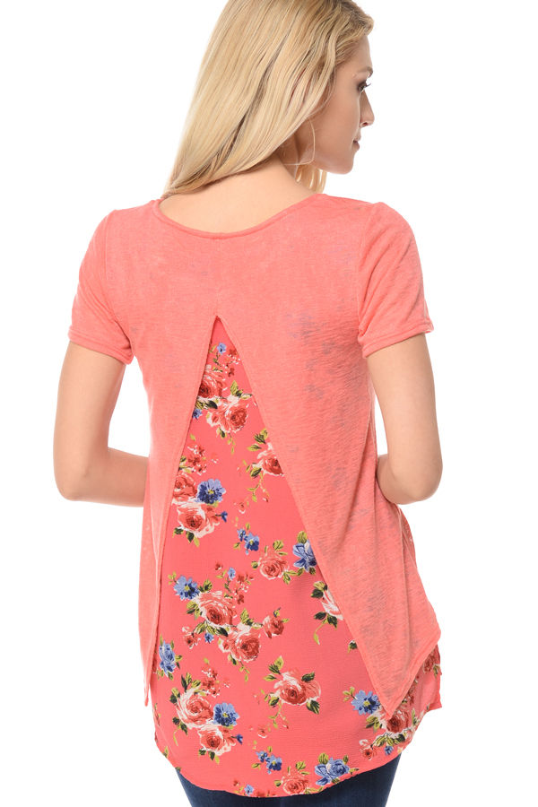 Thumbnail: SOLID TUNIC TOP WITH FLORAL BACK CONTRAST