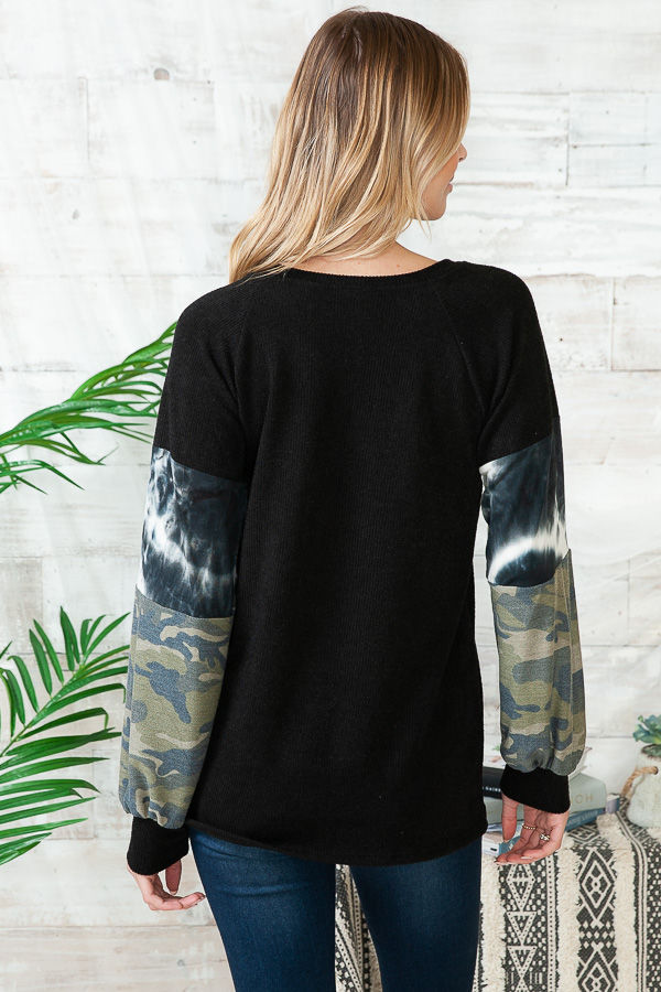 Thumbnail: SOLID TUNIC TOP TIE-DYE AND CAMO CONTRAST SLEEVES