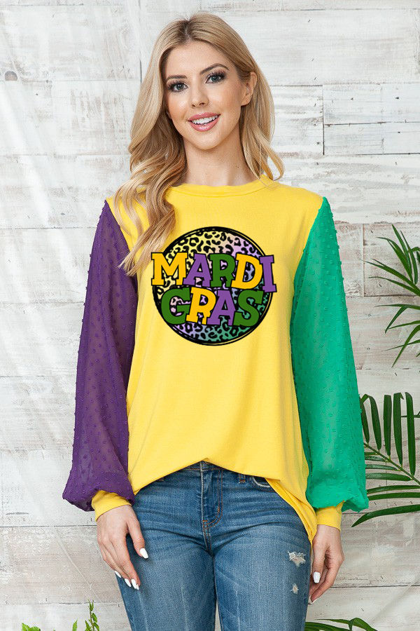 MARDI GRAS COLOR BLOCK TOP WITH MARDI GRAS PRINT
