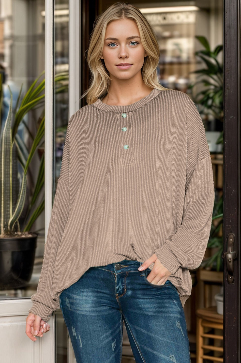 Thumbnail: WAVE RIB TUNIC TOP WITH CHEST BUTTON
