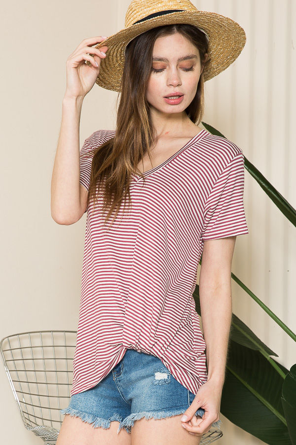Thumbnail: V-NECK STRIPE SHORT SLEEVE TOP WITH SIDE KNOT (2-2-2-2)