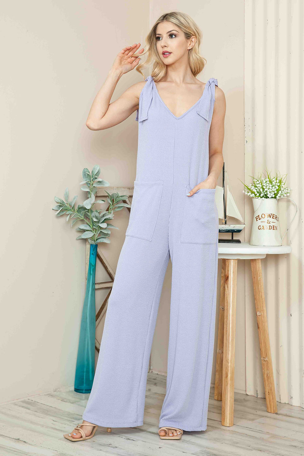 Thumbnail: WAVE RIB V-NECK SHOULDER TIE JUMPSUIT