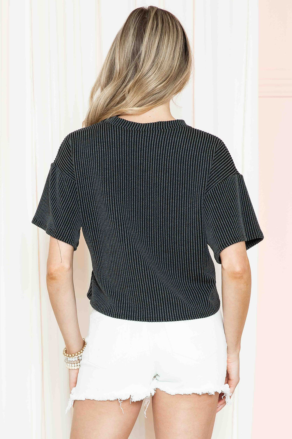 Thumbnail: WAVE RIB SHORT SLEEVE CROP TOP WITH FRONT TIE