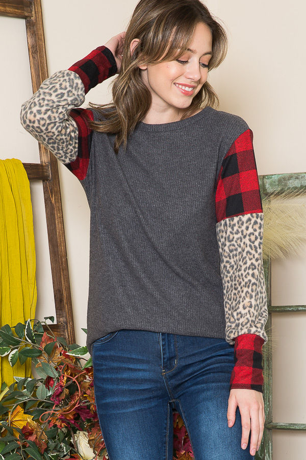 Thumbnail: SOLID TUNIC TOP ANIMAL AND PLAID CONTRAST SLEEVES