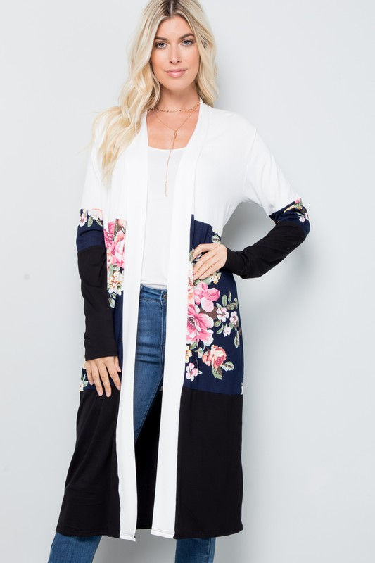 Thumbnail: FLORAL COLOR BLOCK MAXI OPEN CARDIGAN