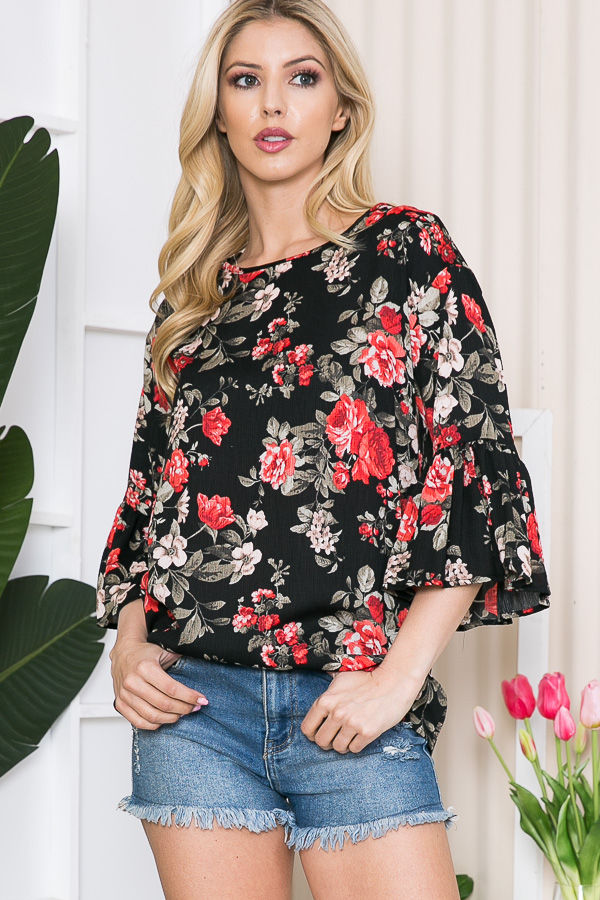Thumbnail: BELL SLEEVE FLORAL TUNIC TOP (2-2-2)
