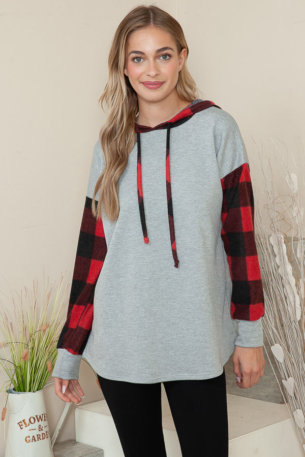 Thumbnail: SOLID HOODED SWEATSHIRT WITH PLAID CONTRAST