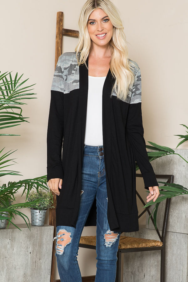 Thumbnail: MIDI OPEN CARDIGAN WITH FADED CAMO SHOULDER CONTRAST