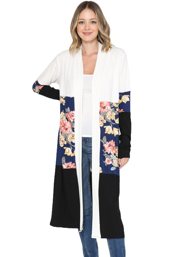 Thumbnail: FLORAL COLOR BLOCK OPEN MIDI CARDIGAN (2-2-2)