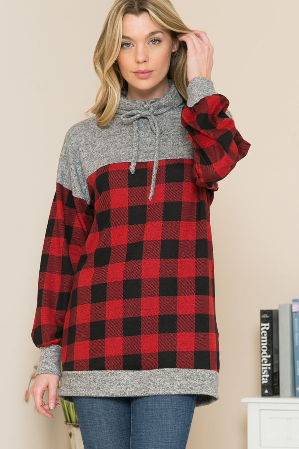 Thumbnail: HIGH NECK WITH STRING PLAID COLOR BLOCK TUNIC TOP