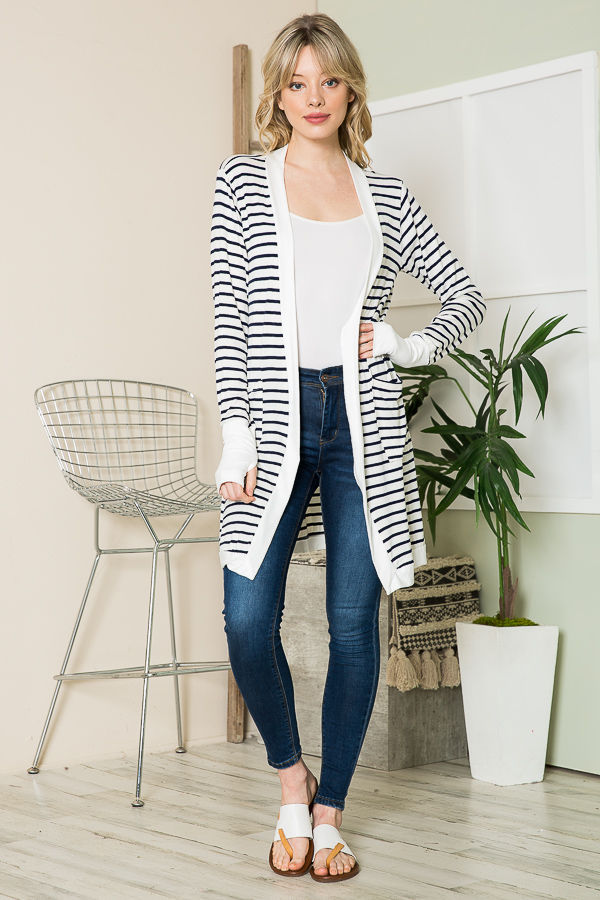 Thumbnail: MIDI STRIPE OPEN CARDIGAN WITH THUMB HOLE (1-2-2-1)