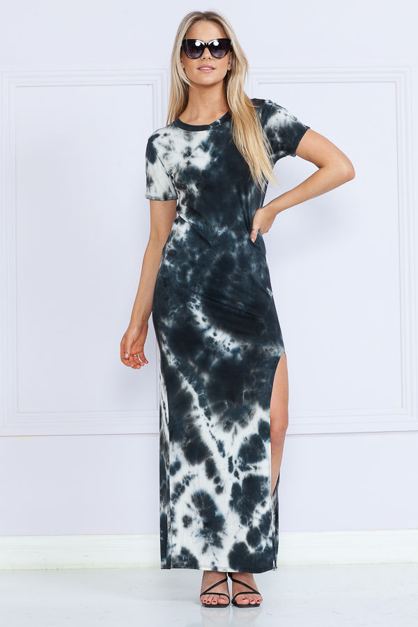 Thumbnail: TIE-DYE MAXI SHORT SLEEVE DRESS WITH SIDE SLIT