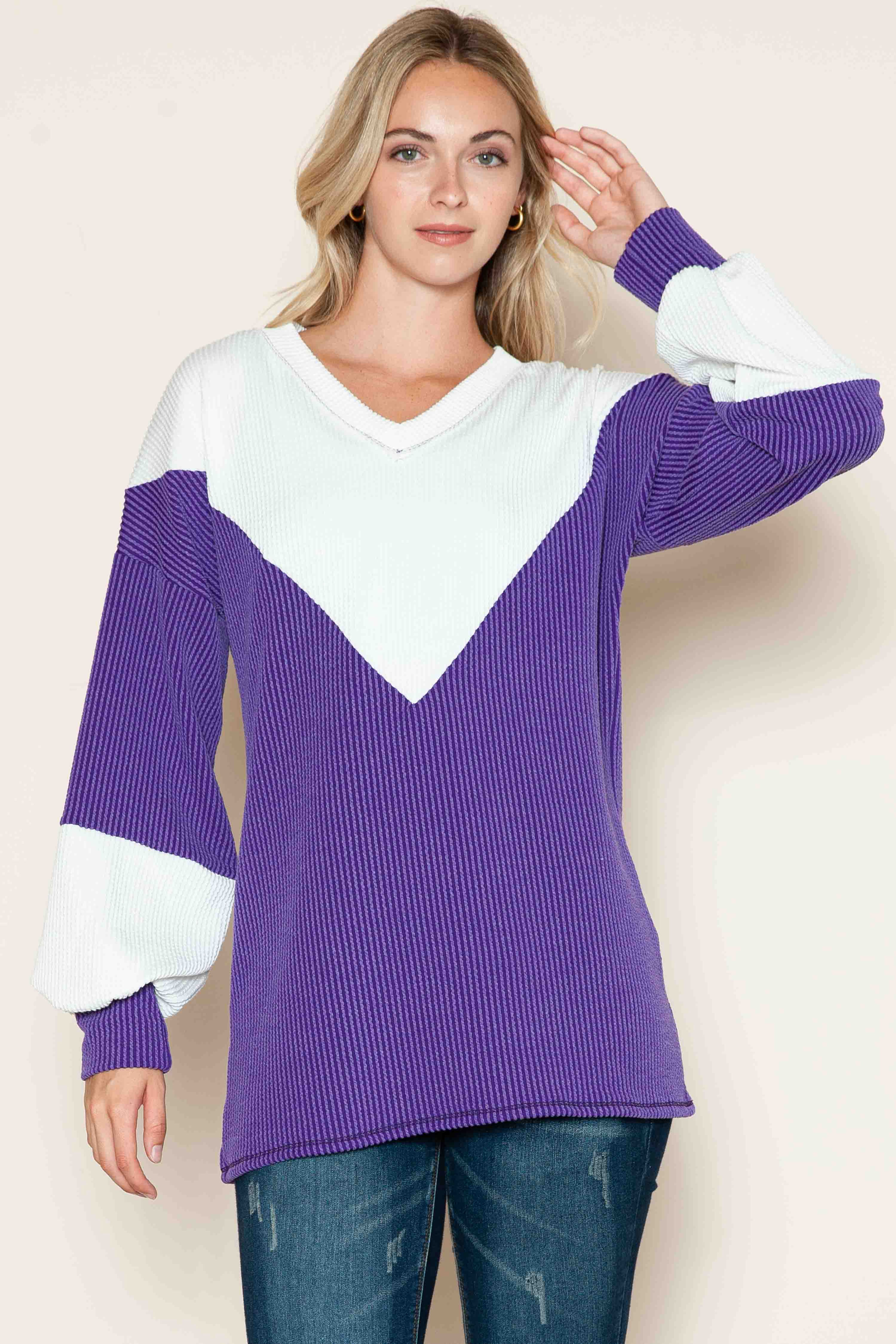 COLOR BLOCK WAVE RIB TUNIC TOP