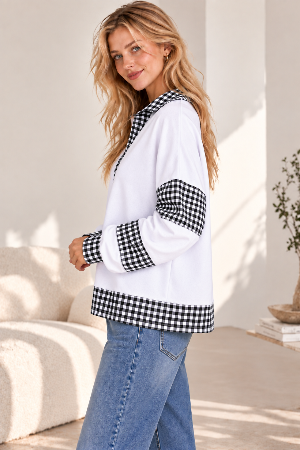 Thumbnail: FRENCH TERRY KNIT WITH GINGHAM CONTRAST