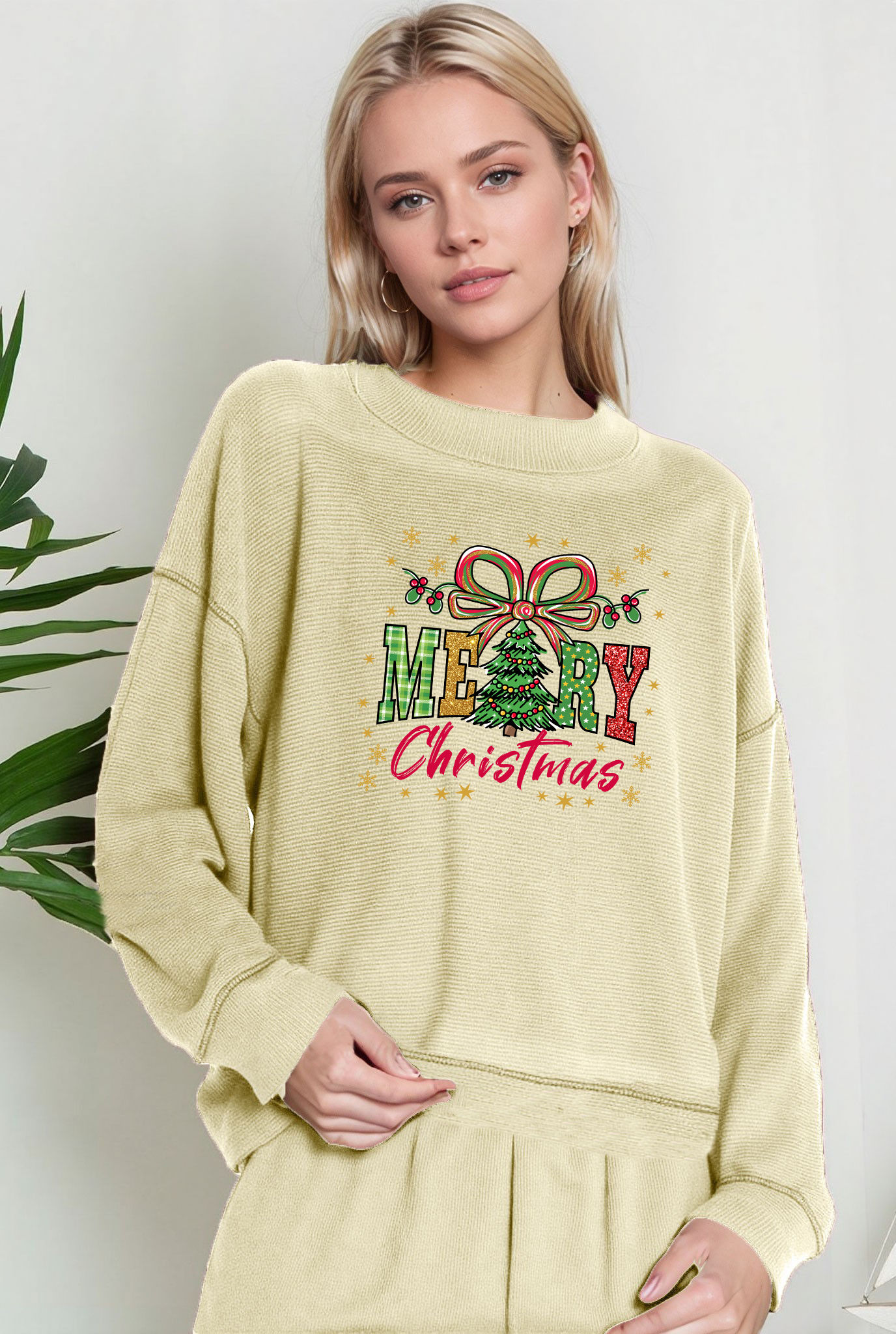 Oversized Crew Neck Top with Merry X-mas Print