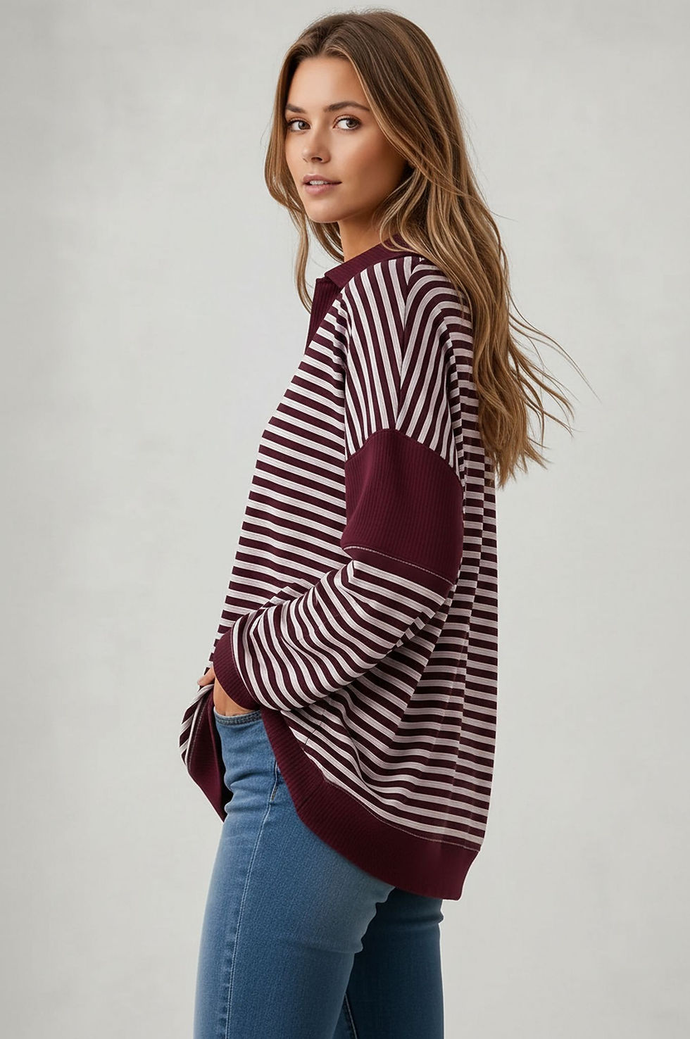 Thumbnail: LOOSE FIT TOP WITH STRIPE AND SOLID CONTRAST