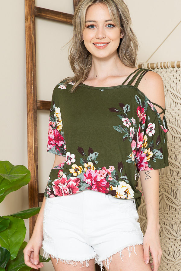 Thumbnail: FLORAL OFF ONE SHOULDER STRAP DETAIL TUNIC TOP