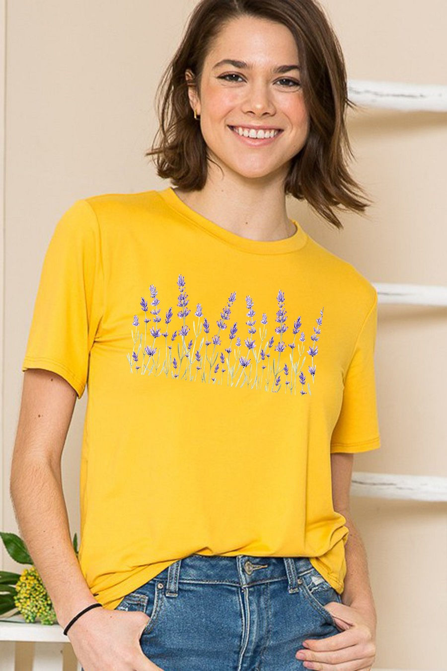 Thumbnail: SUPER SOFT BASIC TUNIC TOP WITH LAVENDER PRINT