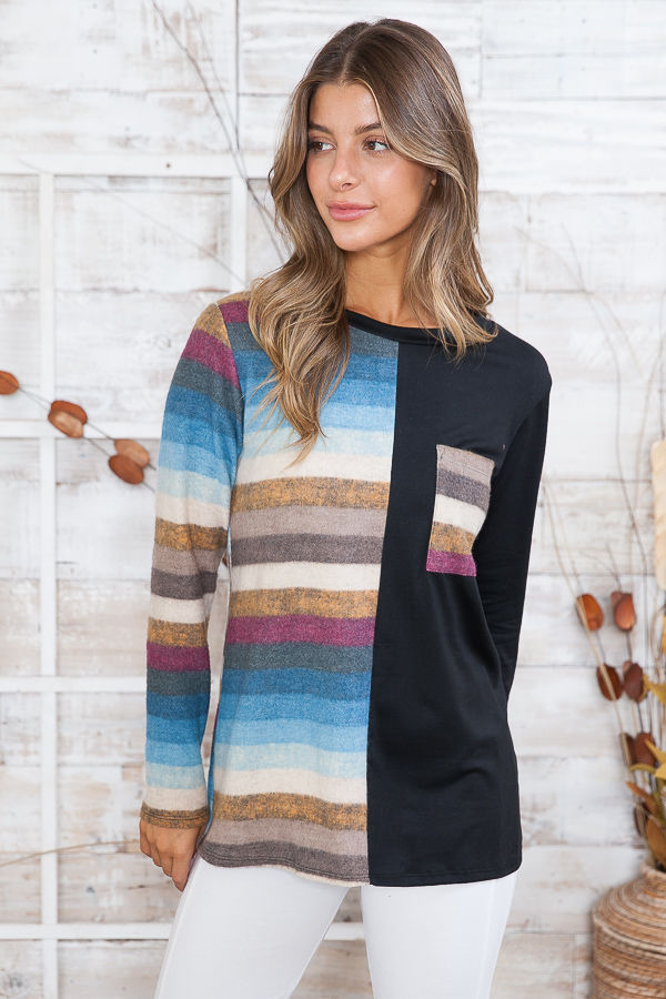 Thumbnail: SOLID AND COLORED STRIPE COLOR BLOCK BRUSHED TOP