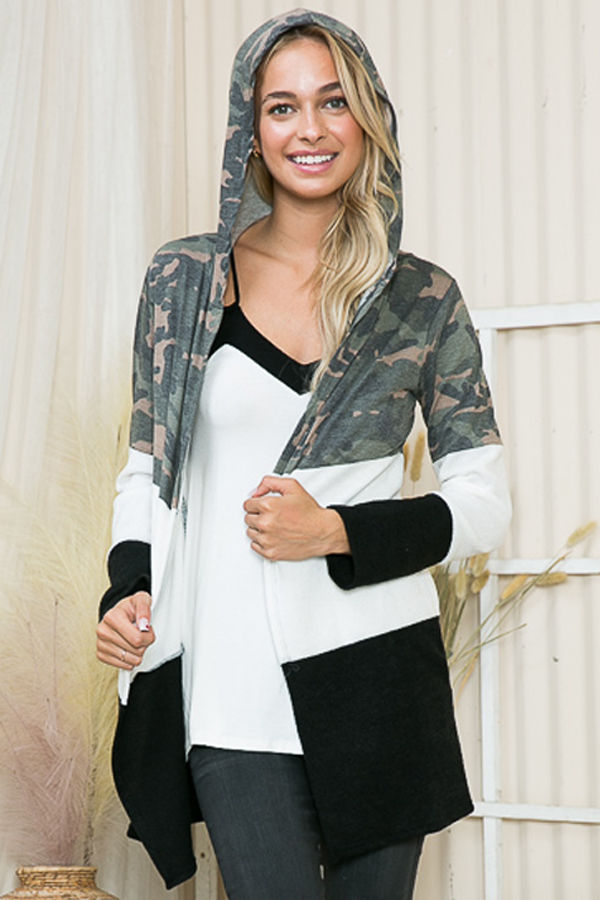 Thumbnail: HOODED COLOR BLOCK ARMY OPEN CARDIGAN
