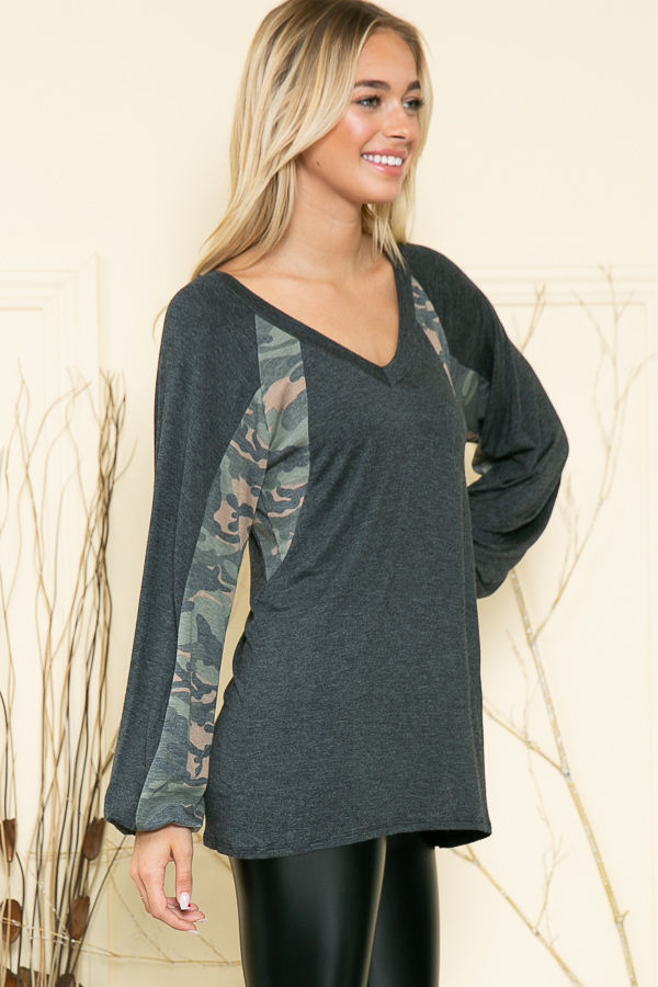 Thumbnail: SOLID V-NECK TUNIC TOP WITH CAMO CONTRAST