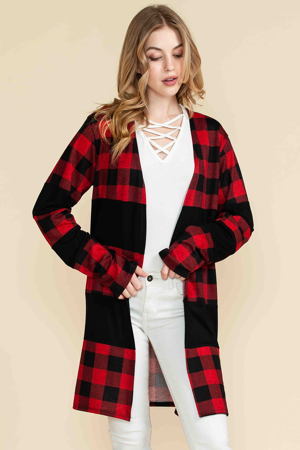 Thumbnail: PLAID CONTRAST OPEN CARDIGAN