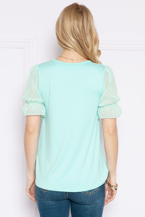 Thumbnail: SOLID TUNIC TOP WITH BUBBLE SWISS DOT MESH SLEEVES