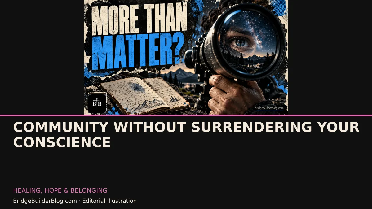 Bold Bridge Builder editorial illustration for Community Without Surrendering Your Conscience. Conceptual imagery, not a documentary scene.