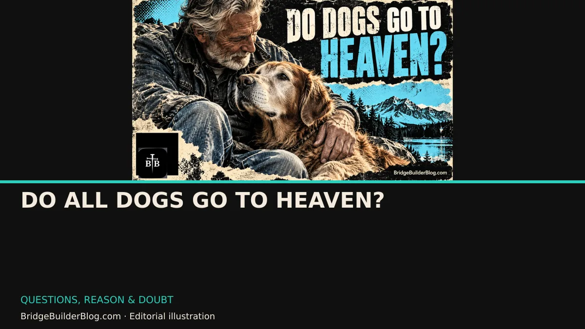 Bold Bridge Builder editorial illustration for Do all dogs go to heaven?. Conceptual imagery, not a documentary scene.