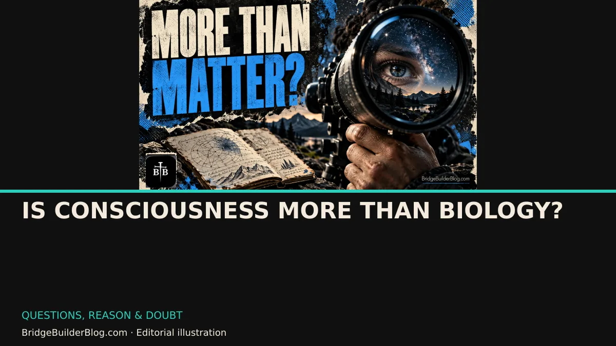 Bold Bridge Builder editorial illustration for Is Consciousness More Than Biology?. Conceptual imagery, not a documentary scene.