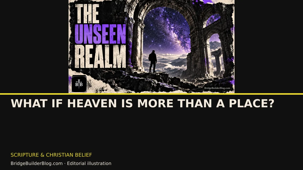 Bold Bridge Builder editorial illustration for What If Heaven Is More Than a Place?. Conceptual imagery, not a documentary scene.