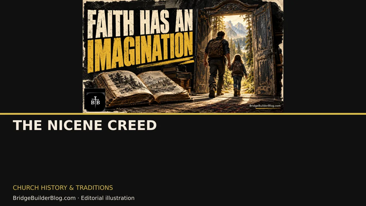 Bold Bridge Builder editorial illustration for The Nicene Creed. Conceptual imagery, not a documentary scene.