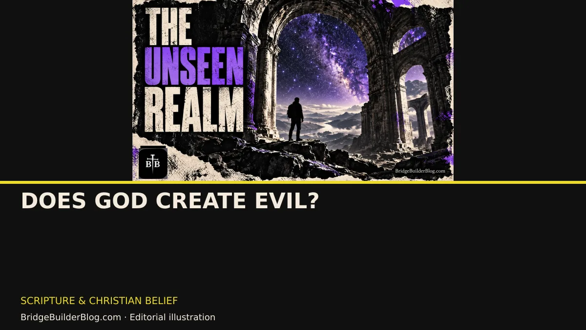Bold Bridge Builder editorial illustration for Does God Create Evil?. Conceptual imagery, not a documentary scene.