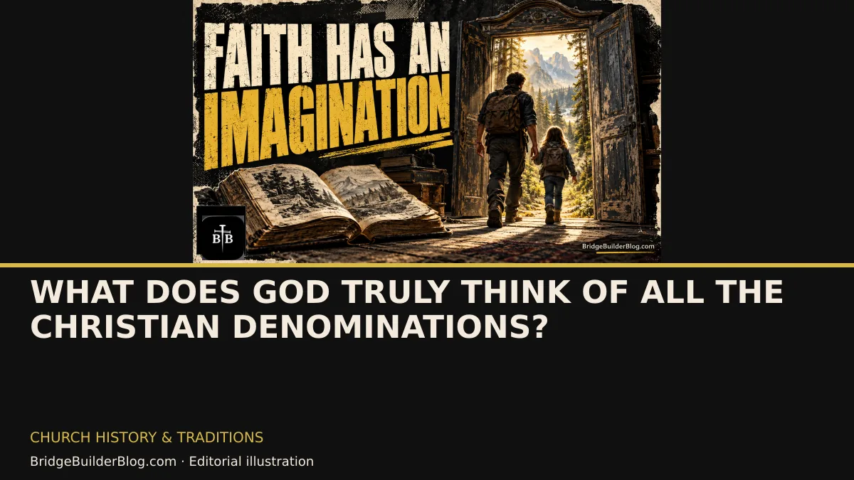 Bold Bridge Builder editorial illustration for What does God truly think of all the Christian denominations?. Conceptual imagery, not a documentary scene.