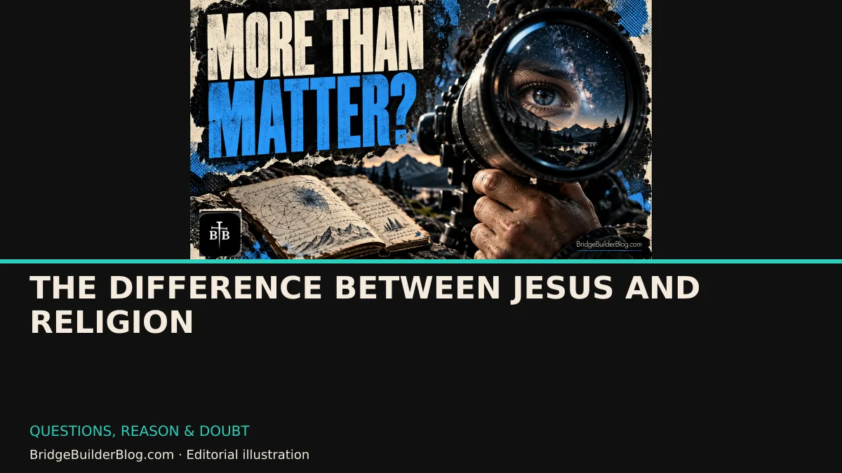 Bold Bridge Builder editorial illustration for The Difference Between Jesus and Religion. Conceptual imagery, not a documentary scene.