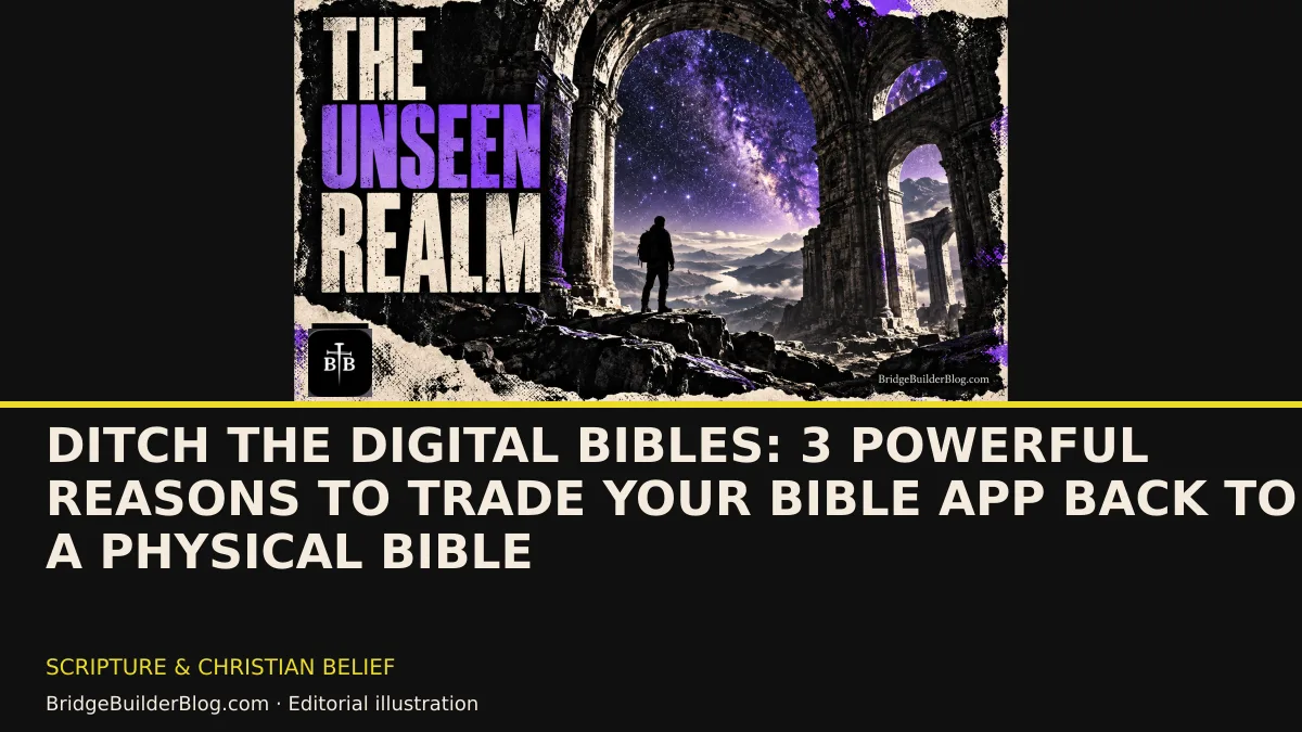 Bold Bridge Builder editorial illustration for Ditch the Digital Bibles: 3 Powerful Reasons to Trade Your Bible App Back To a Physical Bible. Conceptual imagery, not a documentary scene.