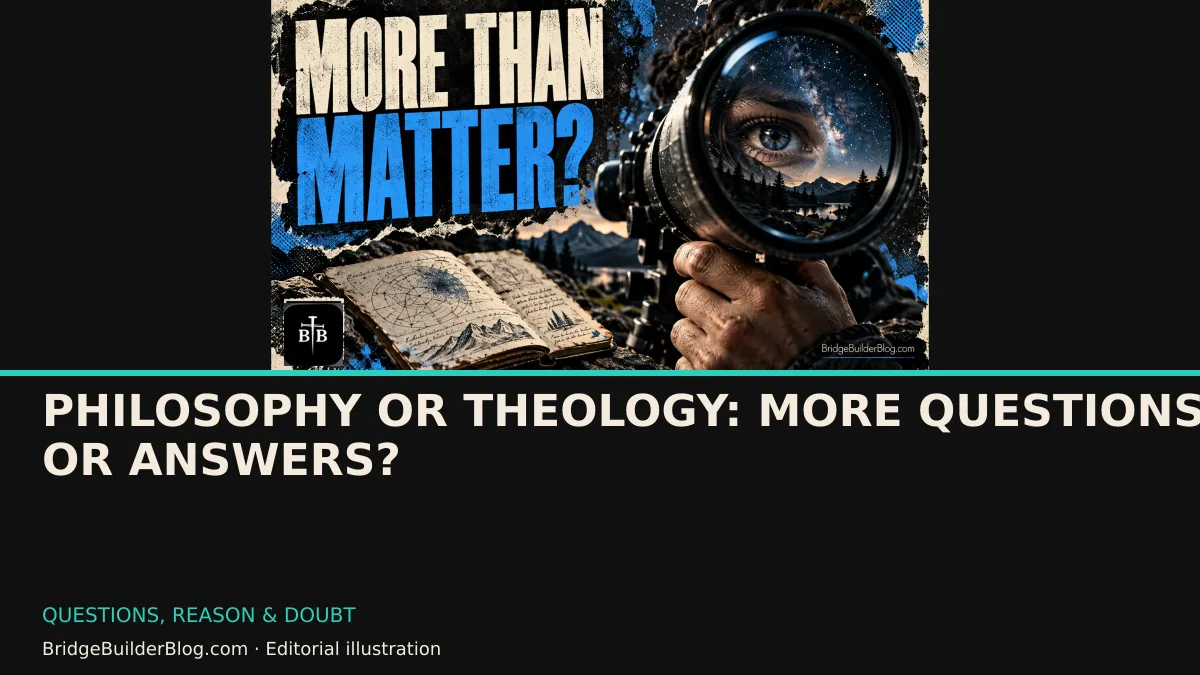 Bold Bridge Builder editorial illustration for Philosophy or Theology: More Questions or Answers?. Conceptual imagery, not a documentary scene.