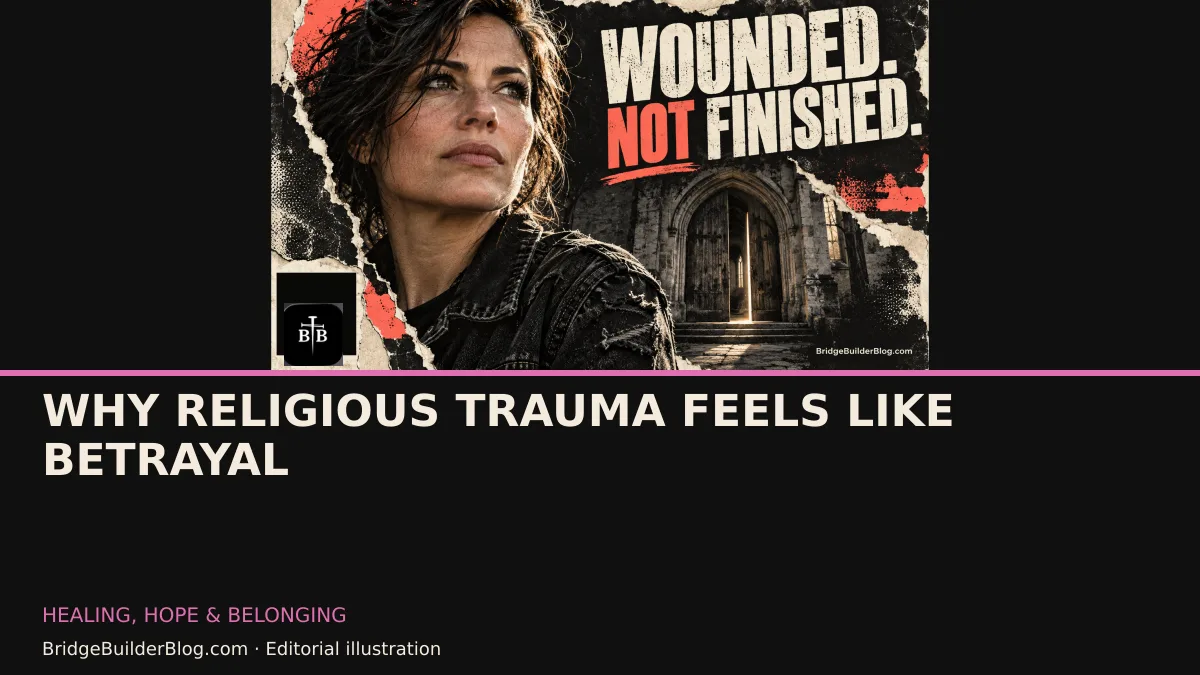 Bold Bridge Builder editorial illustration for Why Religious Trauma Feels Like Betrayal. Conceptual imagery, not a documentary scene.