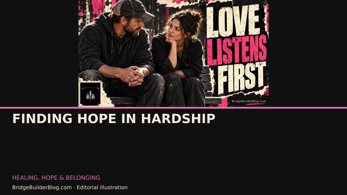 Bold Bridge Builder editorial illustration for Finding Hope in Hardship. Conceptual imagery, not a documentary scene.