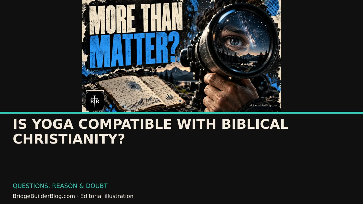 Bold Bridge Builder editorial illustration for Is Yoga Compatible with Biblical Christianity?. Conceptual imagery, not a documentary scene.