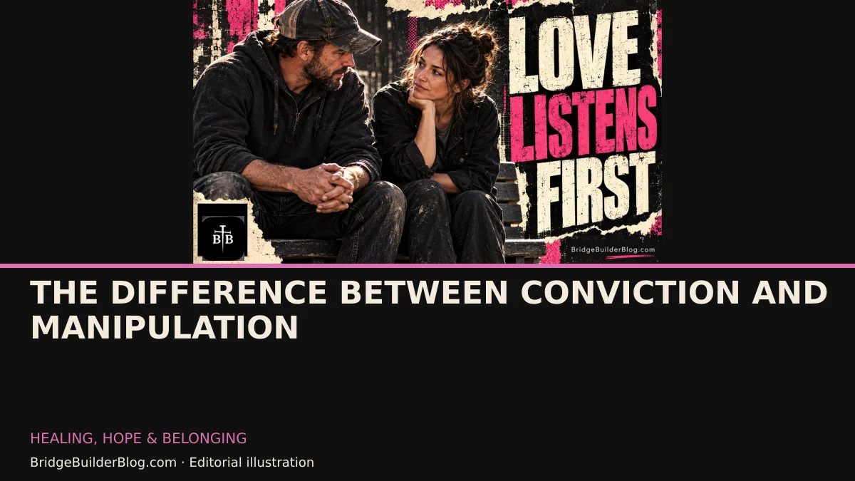 Bold Bridge Builder editorial illustration for The Difference Between Conviction and Manipulation. Conceptual imagery, not a documentary scene.