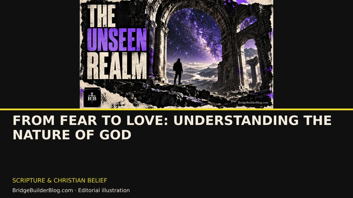Bold Bridge Builder editorial illustration for From Fear to Love: Understanding the Nature of God . Conceptual imagery, not a documentary scene.