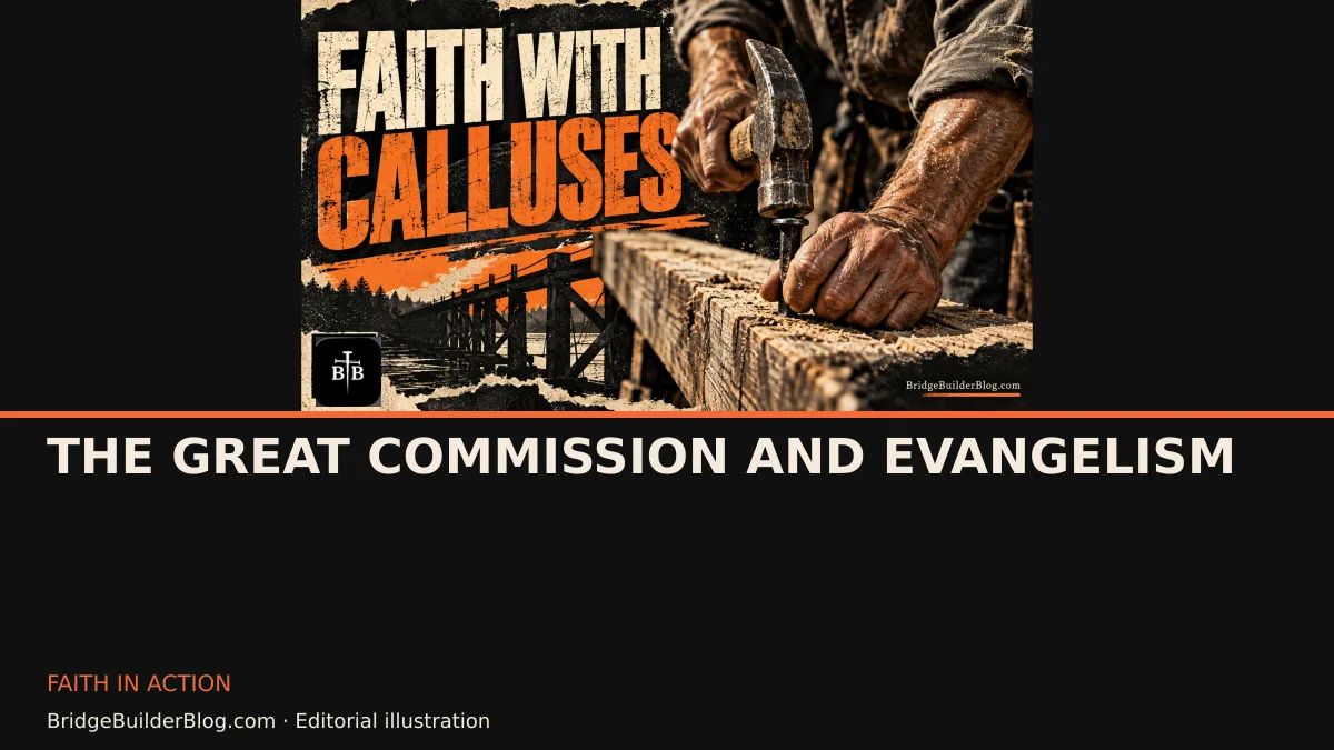 Bold Bridge Builder editorial illustration for The Great Commission and Evangelism. Conceptual imagery, not a documentary scene.