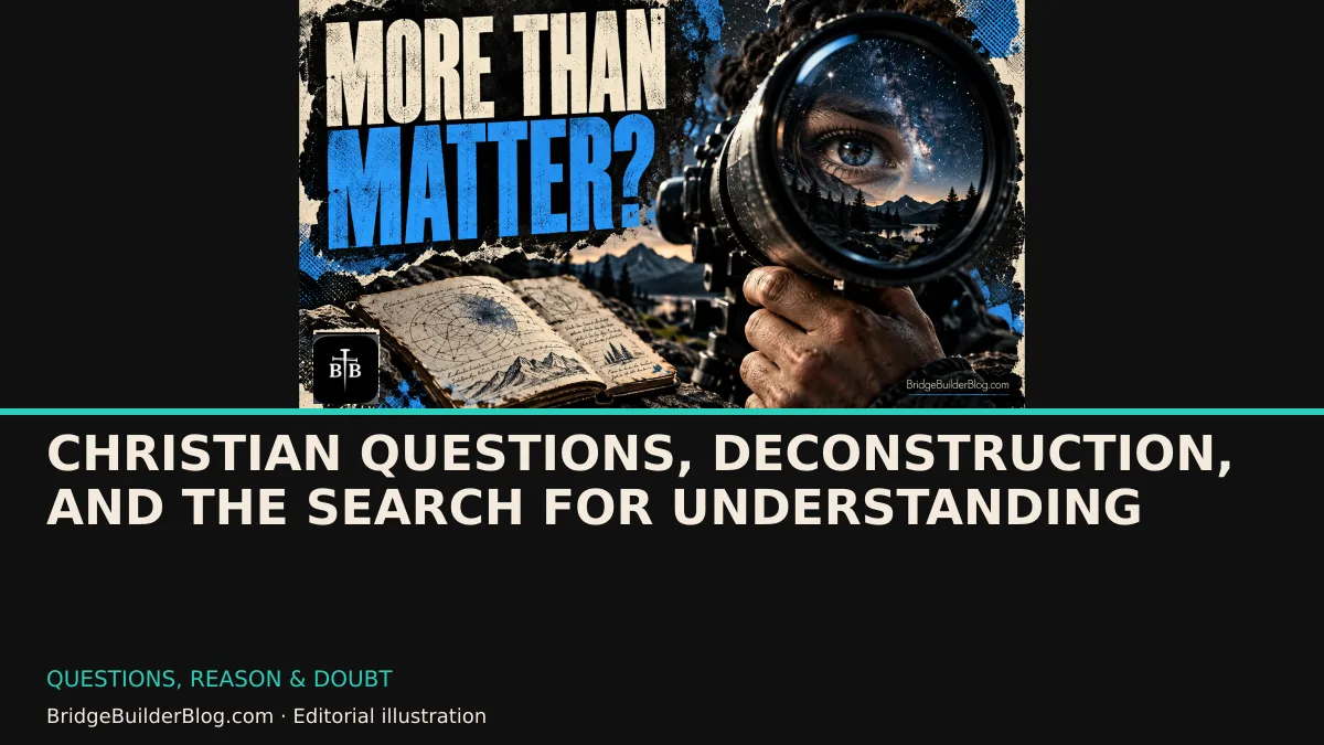 Bold Bridge Builder editorial illustration for Christian Questions, Deconstruction, and the Search for Understanding. Conceptual imagery, not a documentary scene.
