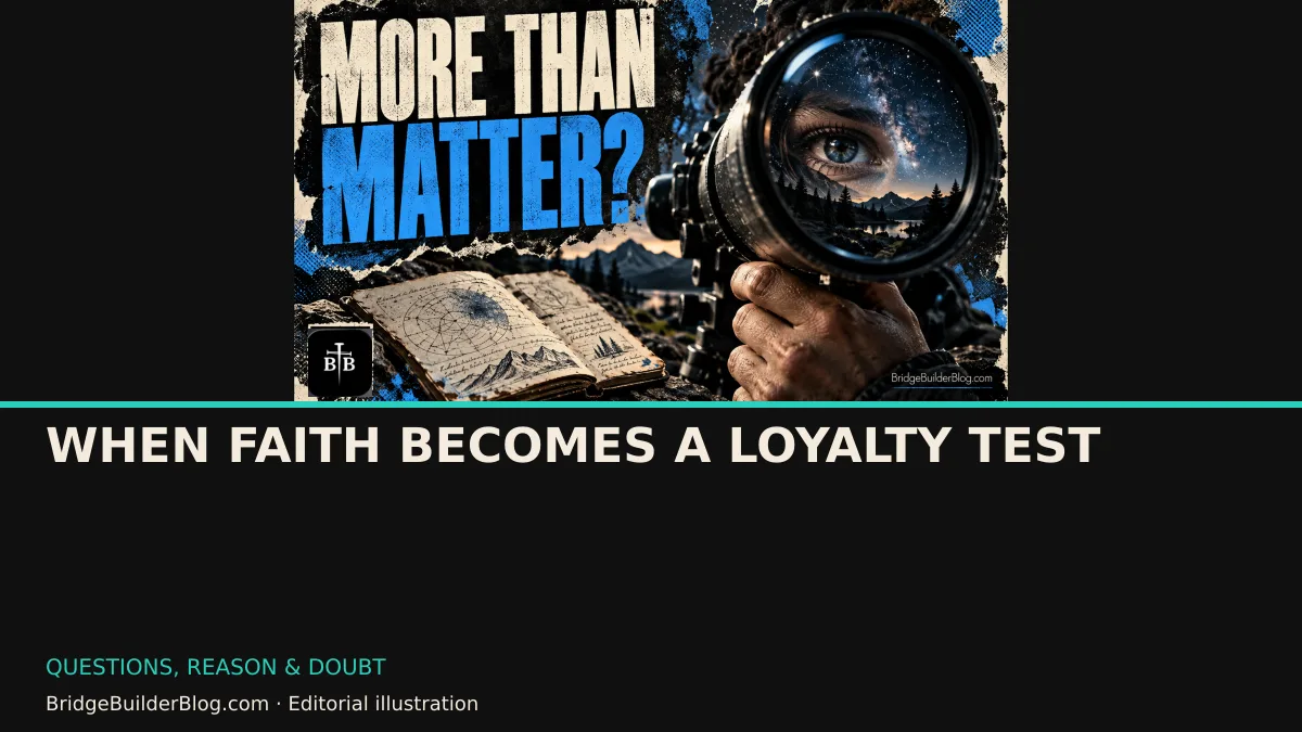 Bold Bridge Builder editorial illustration for When Faith Becomes a Loyalty Test. Conceptual imagery, not a documentary scene.