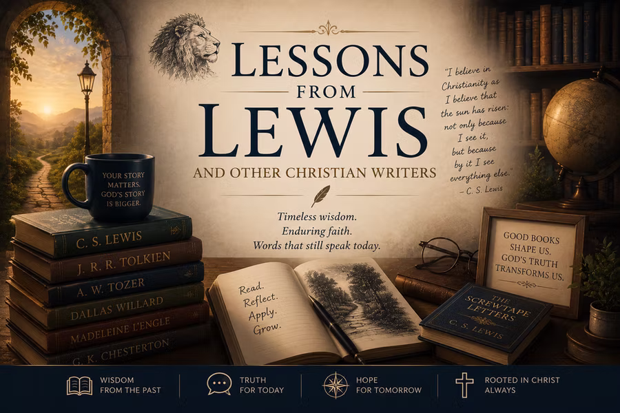 Lessons from Lewis thematic illustration with books and an open manuscript