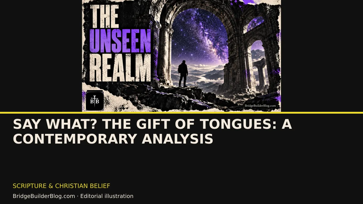 Bold Bridge Builder editorial illustration for Say What? The Gift of Tongues: A Contemporary Analysis. Conceptual imagery, not a documentary scene.
