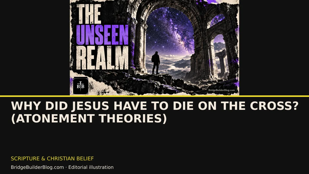 Bold Bridge Builder editorial illustration for Why did Jesus have to die on the cross? (Atonement Theories). Conceptual imagery, not a documentary scene.