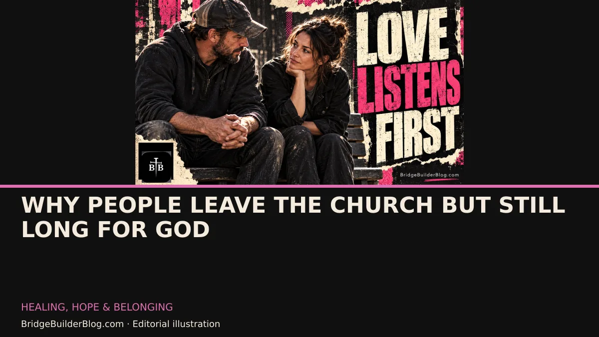 Bold Bridge Builder editorial illustration for Why People Leave the Church but Still Long for God. Conceptual imagery, not a documentary scene.