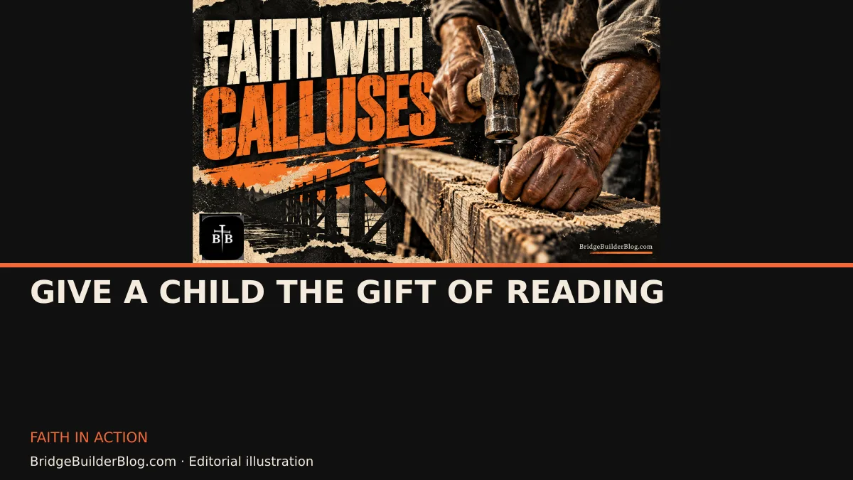 Bold Bridge Builder editorial illustration for Give a Child the Gift of Reading. Conceptual imagery, not a documentary scene.